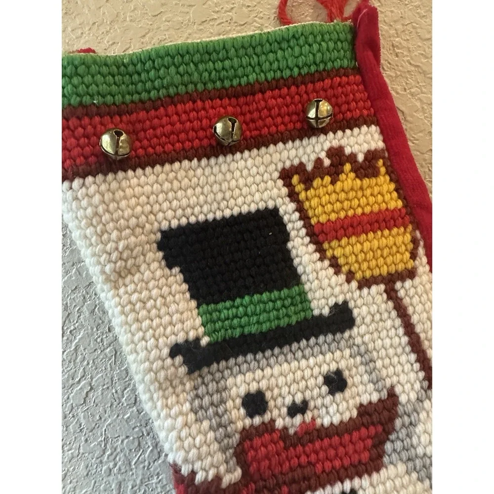 Christmas Stocking‎ Snowman Hand Hooked Large  with bells